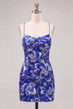Royal Blue Bodycon Spaghetti Straps Sequins Beaded Short Homecoming Dress with Lace Up Back