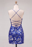 Royal Blue Bodycon Spaghetti Straps Sequins Beaded Short Homecoming Dress with Lace Up Back