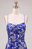 Royal Blue Bodycon Spaghetti Straps Sequins Beaded Short Homecoming Dress with Lace Up Back
