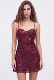 Navy A-Line Sequins Floral Spaghetti Straps Short Homecoming Dress with Lace Up Back