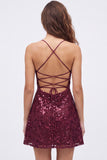 Navy A-Line Sequins Floral Spaghetti Straps Short Homecoming Dress with Lace Up Back