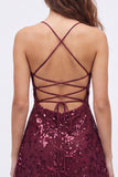Navy A-Line Sequins Floral Spaghetti Straps Short Homecoming Dress with Lace Up Back