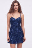 Navy A-Line Sequins Floral Spaghetti Straps Short Homecoming Dress with Lace Up Back