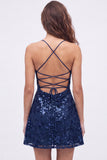 Navy A-Line Sequins Floral Spaghetti Straps Short Homecoming Dress with Lace Up Back