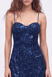 Navy A-Line Sequins Floral Spaghetti Straps Short Homecoming Dress with Lace Up Back