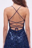 Navy A-Line Sequins Floral Spaghetti Straps Short Homecoming Dress with Lace Up Back
