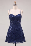 Navy A-Line Sequins Floral Spaghetti Straps Short Homecoming Dress with Lace Up Back