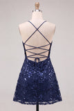 Navy A-Line Sequins Floral Spaghetti Straps Short Homecoming Dress with Lace Up Back