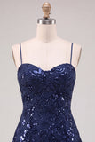 Navy A-Line Sequins Floral Spaghetti Straps Short Homecoming Dress with Lace Up Back