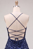 Navy A-Line Sequins Floral Spaghetti Straps Short Homecoming Dress with Lace Up Back