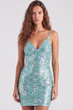 Sparkly Mint Green Bodycon Sequins Spaghetti Straps Lace Up Back Short Homecoming Dress
