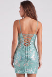 Sparkly Mint Green Bodycon Sequins Spaghetti Straps Lace Up Back Short Homecoming Dress