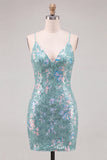 Sparkly Mint Green Bodycon Sequins Spaghetti Straps Lace Up Back Short Homecoming Dress