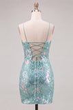 Sparkly Mint Green Bodycon Sequins Spaghetti Straps Lace Up Back Short Homecoming Dress
