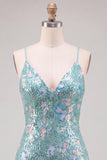 Sparkly Mint Green Bodycon Sequins Spaghetti Straps Lace Up Back Short Homecoming Dress