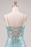 Sparkly Mint Green Bodycon Sequins Spaghetti Straps Lace Up Back Short Homecoming Dress