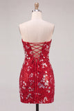 Sparkly Red Strapless Bodycon Sequins Lace Up Back Short 80s Homecoming Dress