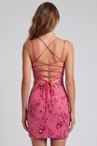 Fuchsia V-Neck Beaded Mini Sequin Bodycon Homecoming Dress