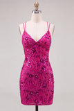 Fuchsia Bodycon Lace Up Back Floral Short Homecoming Dress with Sequins