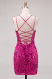 Fuchsia Bodycon Lace Up Back Floral Short Homecoming Dress with Sequins