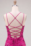 Fuchsia Bodycon Lace Up Back Floral Short Homecoming Dress with Sequins