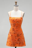 Crimson Red Beaded Floral Sequin Spaghetti Strap Short Homecoming Dress