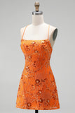 Crimson Red Beaded Floral Sequin Spaghetti Strap Short Homecoming Dress
