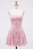 A-Line Red Sequins Lace Up Back Spaghetti Straps Short 80s Homecoming Dress
