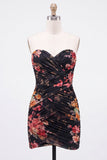 Black Sweetheart Ruched Floral Bodycon Short Homecoming Dress with Lace Up Back