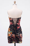 Black Sweetheart Ruched Floral Bodycon Short Homecoming Dress with Lace Up Back