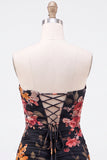 Black Sweetheart Ruched Floral Bodycon Short Homecoming Dress with Lace Up Back