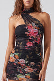 Strapless Ivory Floral Bodycon Short Homecoming Dress with Lace Up Back