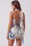 Strapless Ivory Floral Bodycon Short Homecoming Dress with Lace Up Back