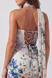 Strapless Ivory Floral Bodycon Short Homecoming Dress with Lace Up Back