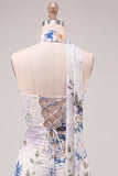 Strapless Ivory Floral Bodycon Short Homecoming Dress with Lace Up Back