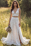 Ivory A-Line 2 Piece V-Neck Lace Long Wedding Dress with Slit