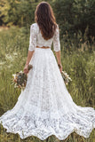 Ivory A-Line 2 Piece V-Neck Long Lace Wedding Dress with Half Sleeves