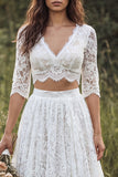Ivory A-Line 2 Piece V-Neck Long Lace Wedding Dress with Half Sleeves