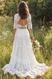 Ivory Lace A-Line V-Neck Half Sleeves Long Wedding Dress with Slit
