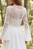 Ivory A-Line Chiffon Ruffled Long Sleeves Wedding Dress with Slit