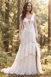 A-Line Ivory Long Sleeves Ruffled Long Wedding Dress with Slit