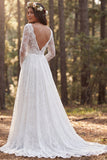 Ivory A-Line Long Sleeves Lace Wedding Dress with Slit