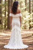 Off the Shoulder Ivory Lace Mermaid Long Wedding Dress with Ruffle Slit