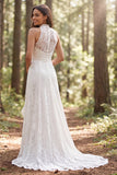 Halter Ivory Lace Long A-Line Wedding Dress with Slit