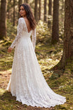 Ivory Lace A-Line Long Sleeves Wedding Dress with Slit