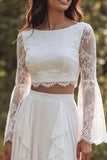 A-Line Ivory 2 Piece Bateau Neck Long Sleeves Wedding Dress with Slit