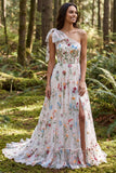 One Shoulder Ivory Floral A-Line Long Wedding Dress with Slit
