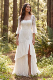 Ivory Lace A-Line 3/4 Sleeves Long Wedding Dress with Slit
