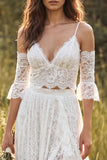 Ivory A-Line Spaghetti Straps Long Lace Wedding Dress with Slit