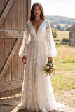 A-Line Ivory Floral V-Neck Long Wedding Dress with Long Sleeves
